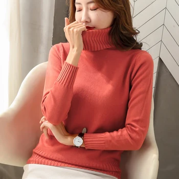 

Basic Sweater Women Solid Turtleneck Sweater Khaki Pink White Knit Pullover Jumper Bottoming jersey de mujer M9D304Y