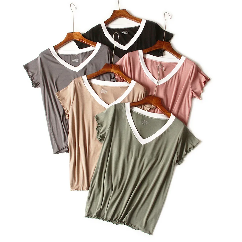 Sanderala Women V-Neck Short Pajamas Sets Top Pants All Match Comfortable Pink Sleepwear Solid Short Full Length Pj Set