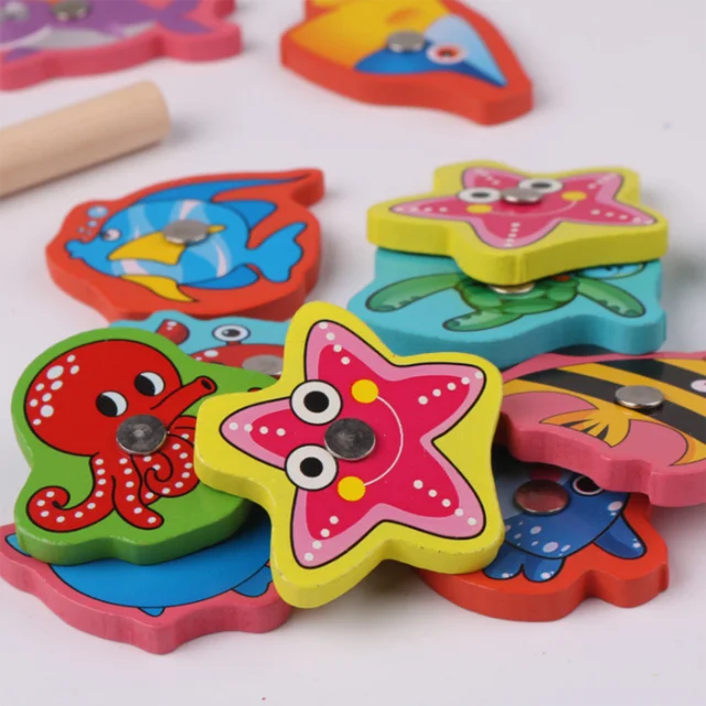 Baby Educational Toys 7-15Pcs Fish Wooden Magnetic Fishing Toy Set Fish Game Educational Fishing Toy 2