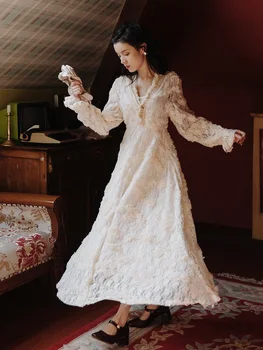 

Bohemian dress women runway 2020 elegant chic high quality chic vintage bohemian v neck solid apricot party dress long robe