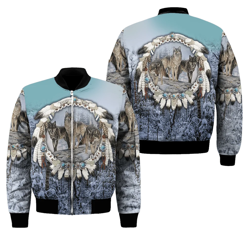 Wolf Native Indian 3D All Over Bedruckte Herren Winter Warme Dicke Bomberjacken Unisex Casual Reißverschluss Hoodies Jacken Mäntel JK-01 – Detail 9
