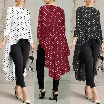 

Oversized Women's Irregular Blouse 2020 ZANZEA Fashion Polka Dot Printed Tunic Long Sleeve Shirts Female Autumn Pleated Tops
