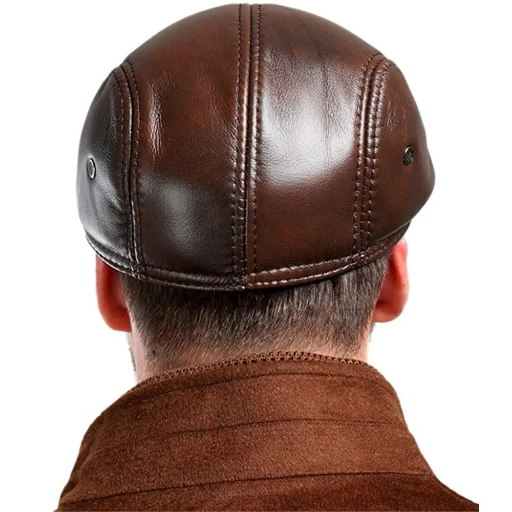 Men's Real Cowhide Leather Beret Hunting Cap Beanie Trucker Cap Mens Sports Hat