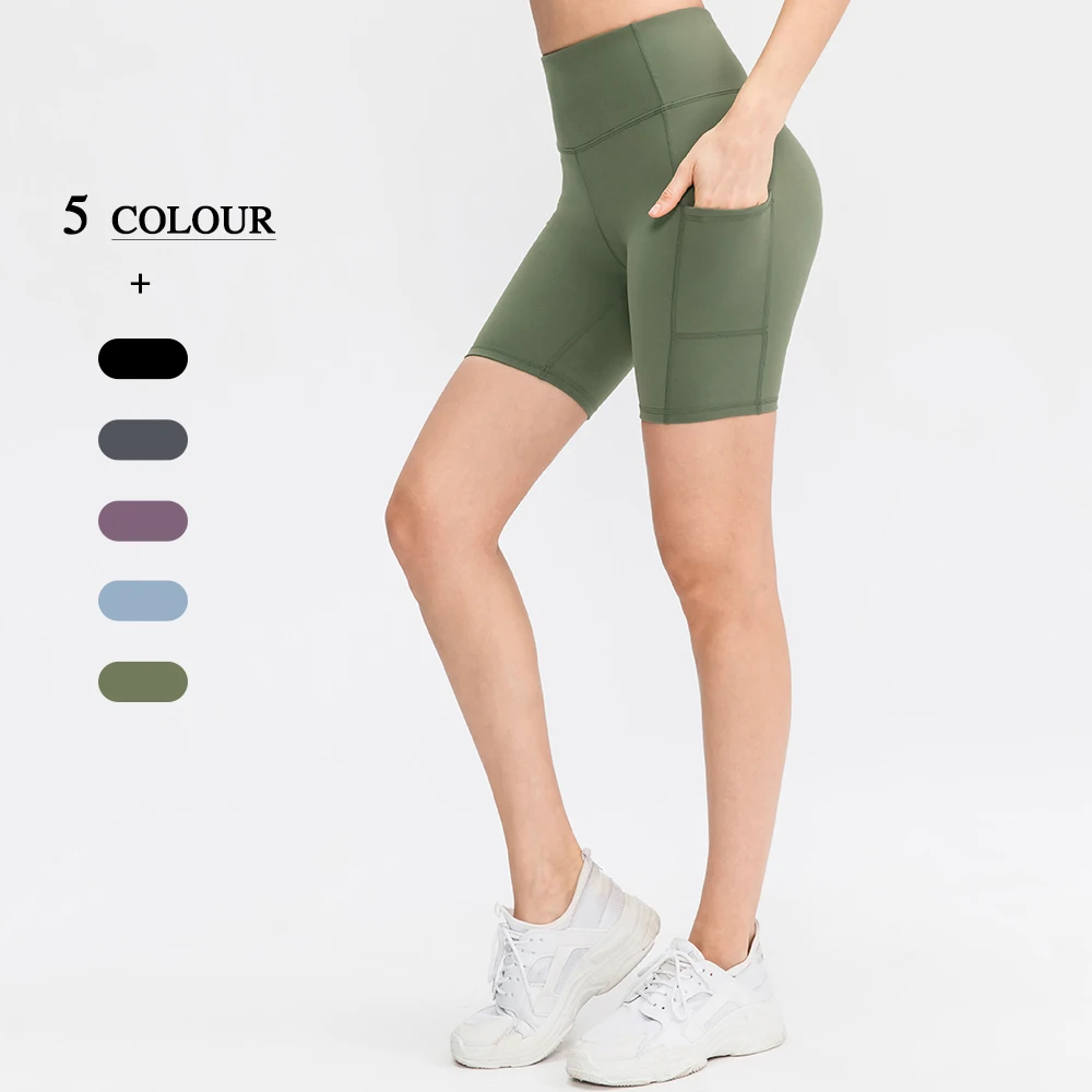 Women's Shorts Solid Elastic With Pocket Sports Shorts Yoga Fitness Workout Running Short Pants Summer High Waist Gym Shorts 202