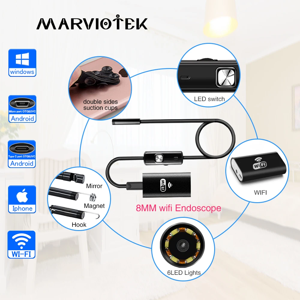 Камера Эндоскоп HD Водонепроницаемая с Wi Fi 7 мм USB|Камеры видеонаблюдения| |