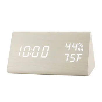 

Humidity and Temperature Alarm Clock Triangle Digital Baby Room Wood Clock Mute Luminous LED Electronic Gift