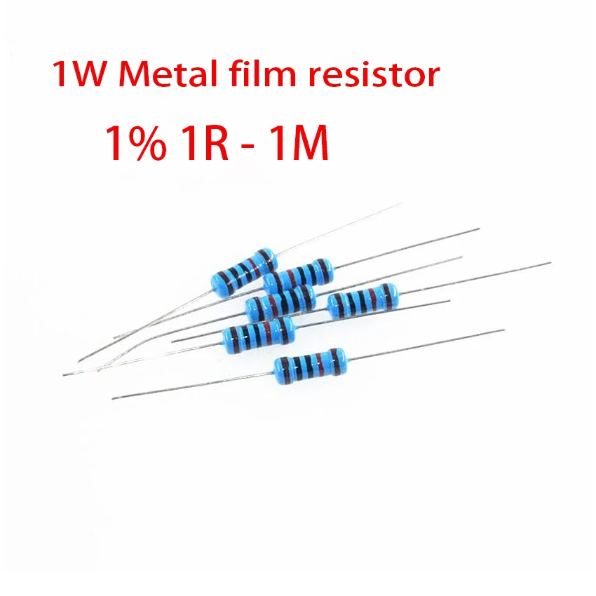 100 шт. 1 Вт металлический пленочный резистор 1% 1R ~ 1M 2R 10R 22R 47R 100R 330R 1K 4 7 K 10K 22K 47K 100K 330K