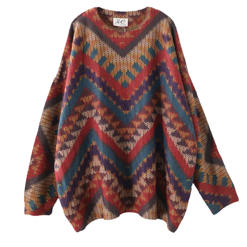 Женский свитер осень зима мода большой размер свободные пуловеры новые женские топы с круглым вырезом с длинным рукавом геометрический Повседневный свитер