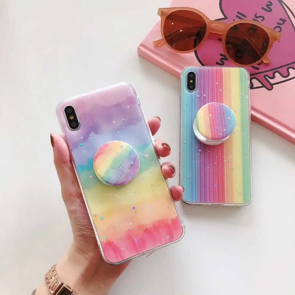 

HUANQING Fashion rainbow candy color phone case For iPhone X XR XS MAX Back Cover For iPhone 6 6S 7 8 Plus Folding bracket Case