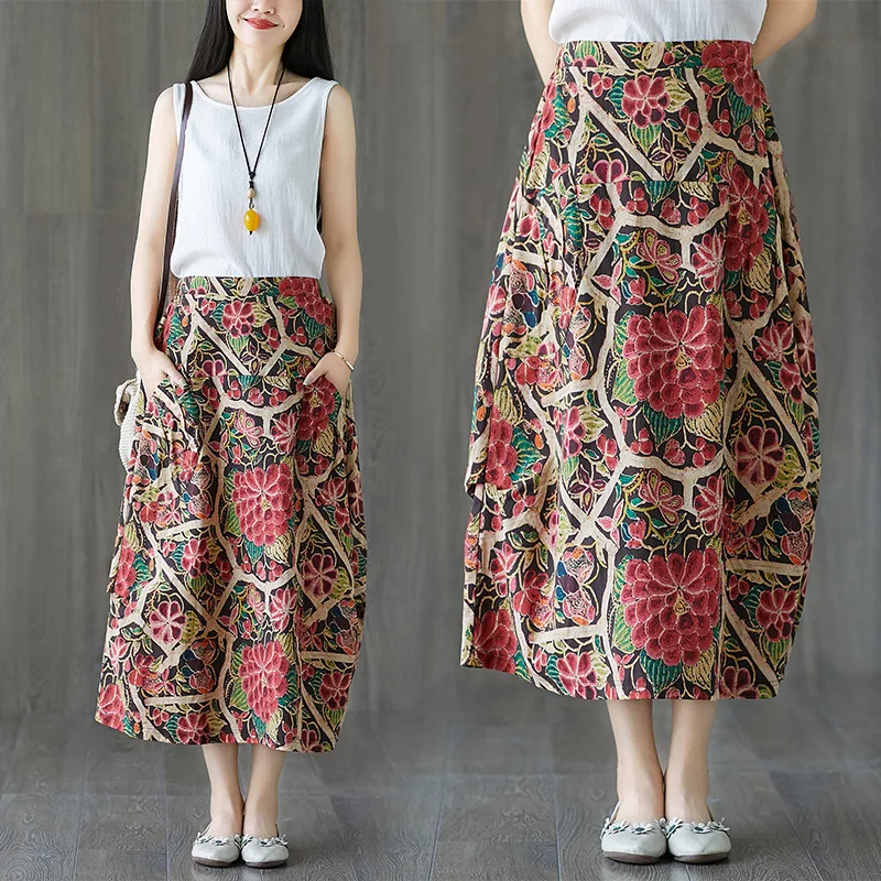 

Photo Shoot 2019 Retro Literature And Art Cotton Linen Skirt Mid-length Elastic High-waisted Skirt Loose-Fit Women's Bubble Skir