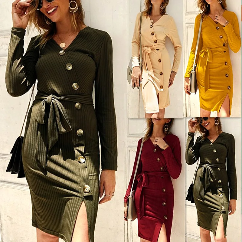 

2019 New European and American Fashion Women Autumn Knitted Dress Ladies Button Bow Slit Midi Dress