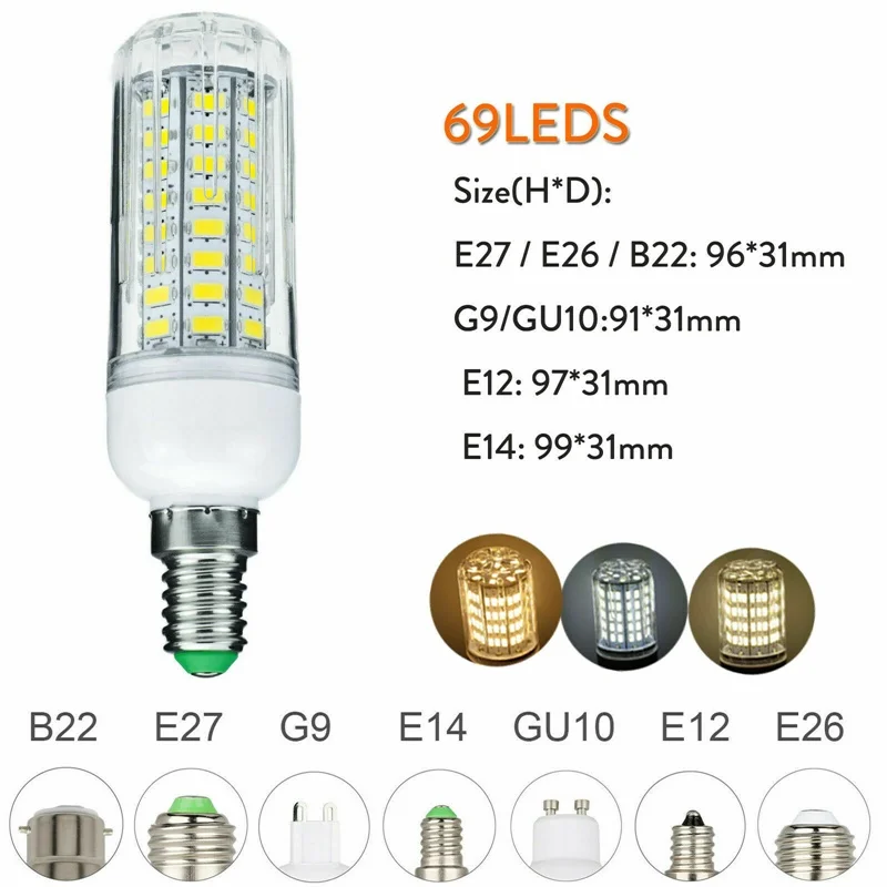 69LEDs 18W E27 светодиодный светильник E14 E12 светодиодный лампы SMD 5730 Кукуруза лампы 24 36 48 56 69 72 светодиодный s люстры лампы в форме свечи светодиодный светильник для украшения дома ампулы - Испускаемый цвет: 69LEDs 18W
