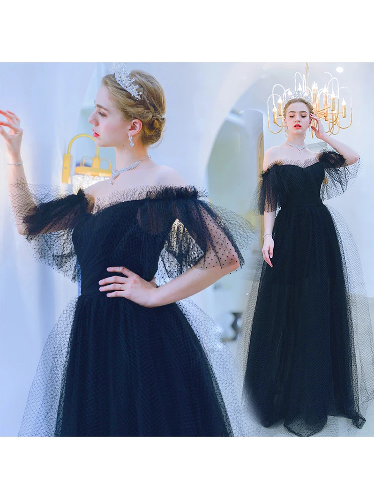 It's Yiiya Evening Dress Black Elegant Sexy Off Shoulder Floor Length Dresses Black Ruffles Party Formal Dresses E918