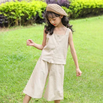 

Summer Solid Color Casual Sets 2020 New Baby Girls Suspender Top + Cropped Pants 2Pcs Set Simple Single-breasted Elastic Waist