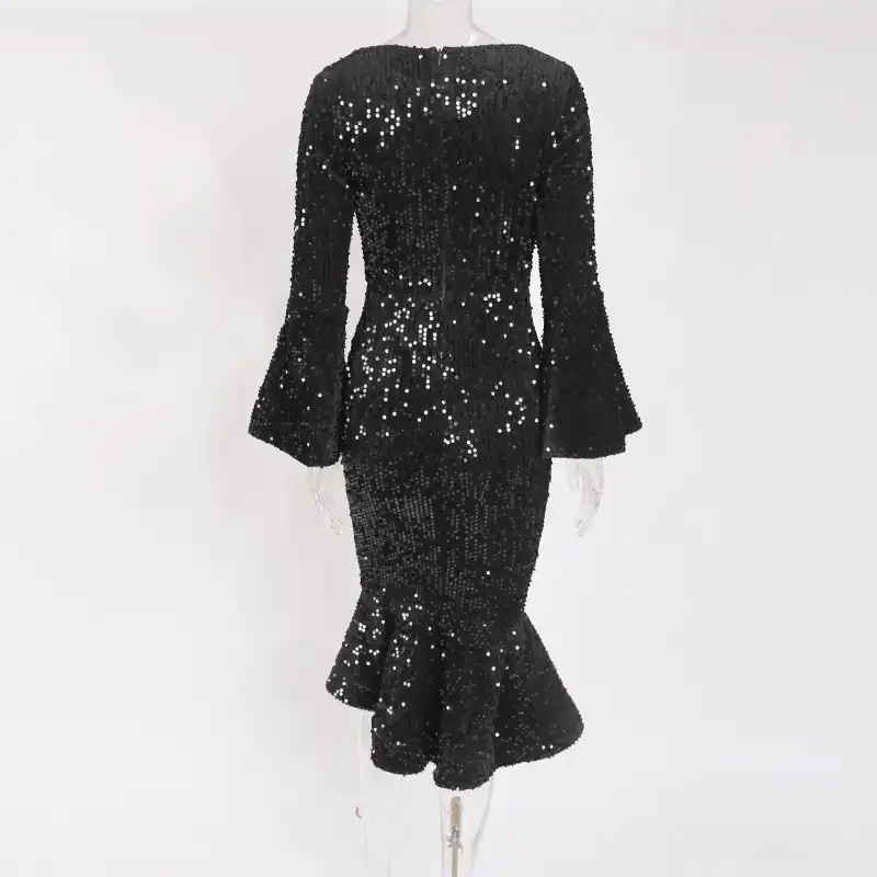 black sequin velvet midi dress