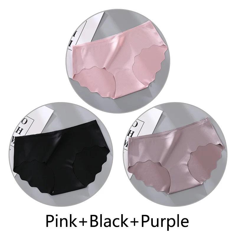 Pink Black Purple 3 шт сплошной цвет мягкие трусики бесшовные женские сексуальные оборки женские дышащие трусы натуральный шелк антибактериальные промежность нижнее белье на Клее - Цвет: Pink Black Purple
