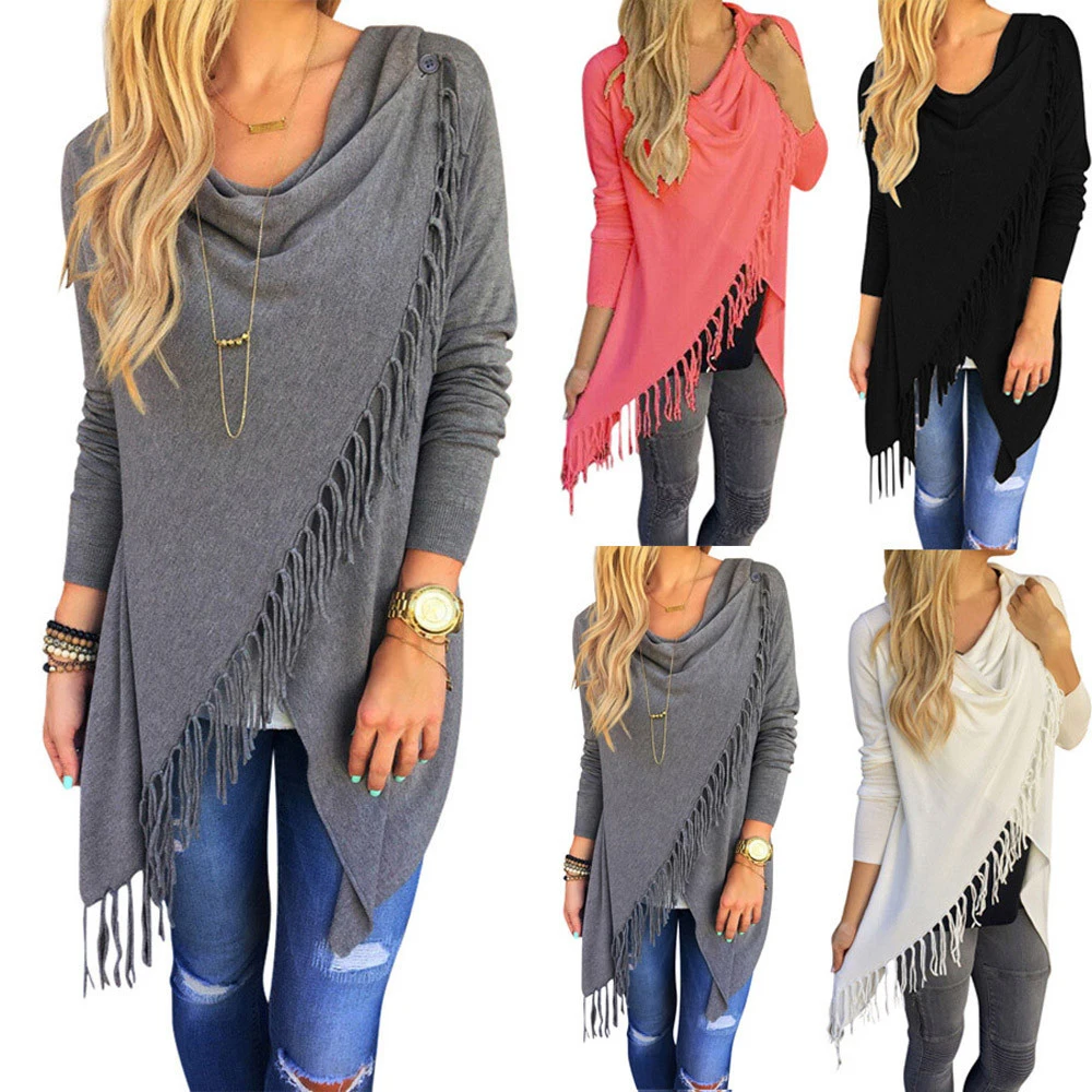 

Fringed Slash Jacket Coat Candy Color Women Sweater Tassel Pullover Long Sleeve Knitted Irregular Female Clothing Plus Size