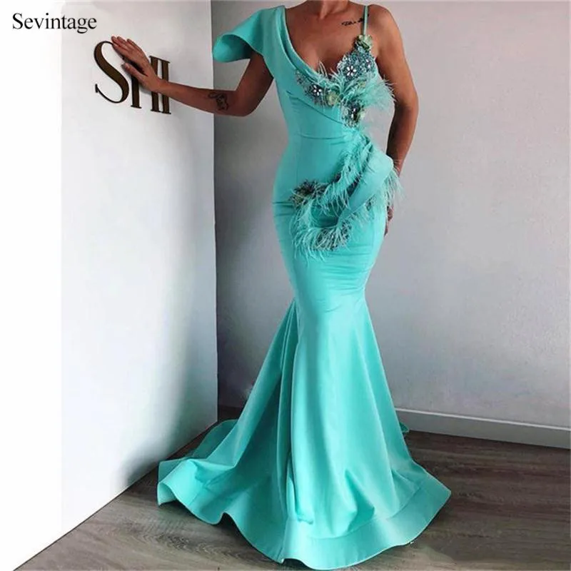 

Sevintage Sexy Deep V Neck African Evening Dresses Mermaid Feathers Beads Lace Satin Formal Prom Party Gowns robes de soiree