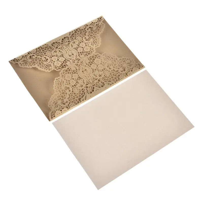  10pcs/set Hollow Lace Wedding Party Invitation Cards With Kraft Paper Inner Sheet Envelopes Hemp Ro - 4000576011339