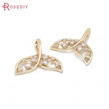 

(38130)6PCS 16x17MM 24K Champagne Gold Color Brass and Zircon Whale Tail Charms Pendants Jewelry Making Supplies Diy Accessories