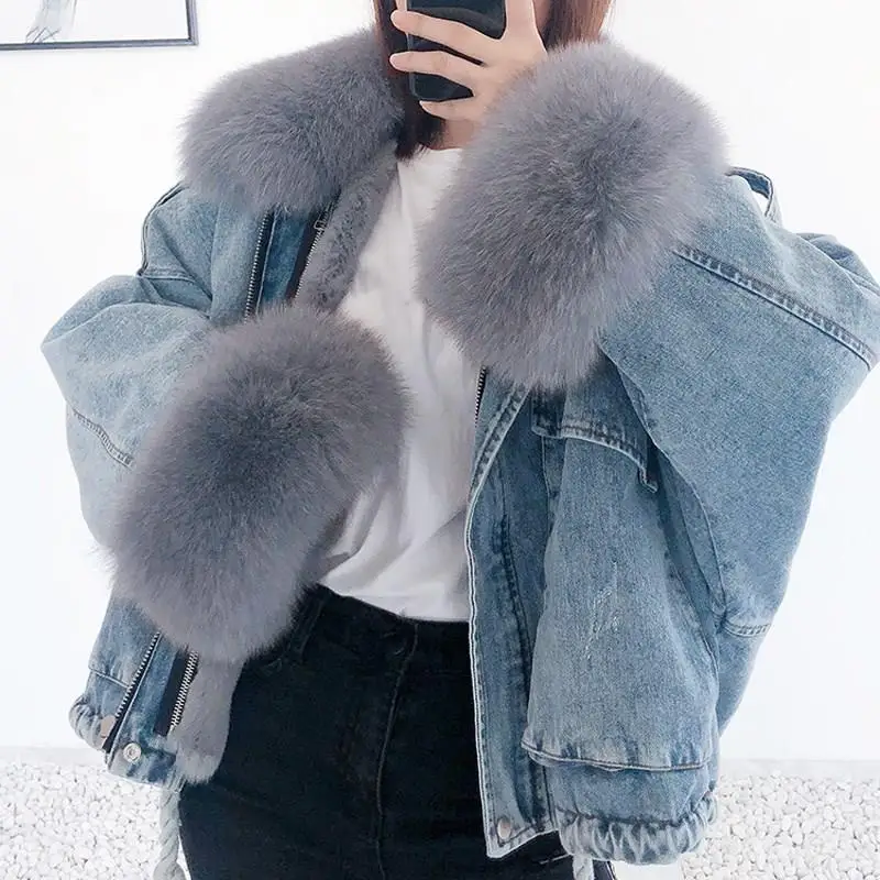 Finest  Fox Fur Collar Denim Jacket Winter Women Loose Overcoat Short Fur Coat Jeans Removable Rabbit Fur L