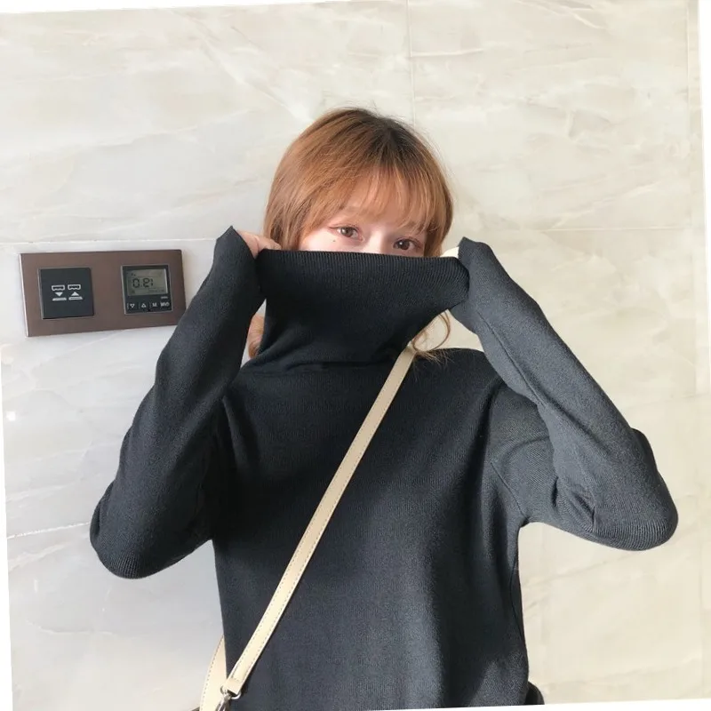 

Solid Color Long Sleeved Turtleneck Bottoming Shirt Top Women All-match Pile Collar Knitted Pullover Sweater