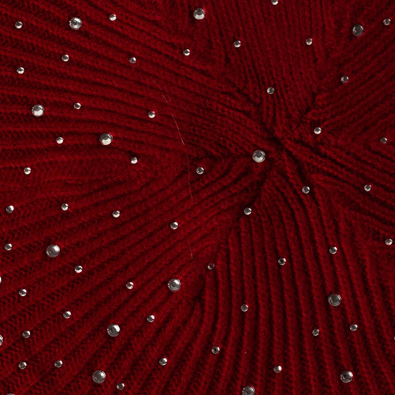 Beret hat woolen beret Geebro Women autumn winter beret hat female knitted casual berets luxury rhinestone sequins caps fashion solid color Gorros