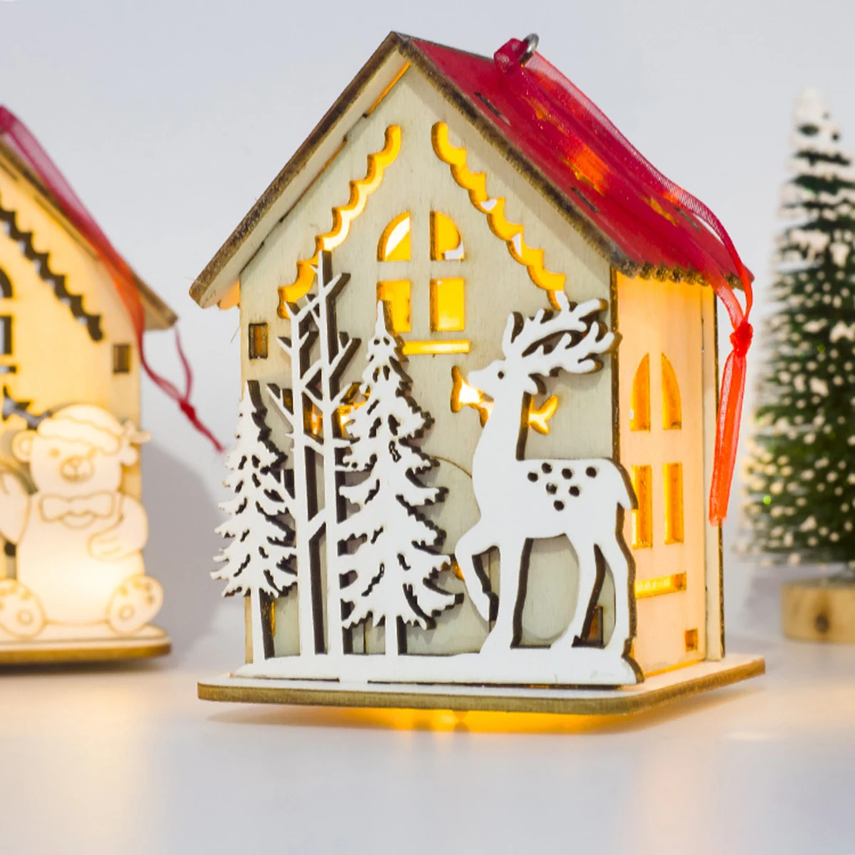 Деревянный домик, Рождественский подвесной декор с легким орнамент с рождественской елкой, детская Подарочная елка, подвесной кафе-бар, светодиодный светильник, сани, бревна