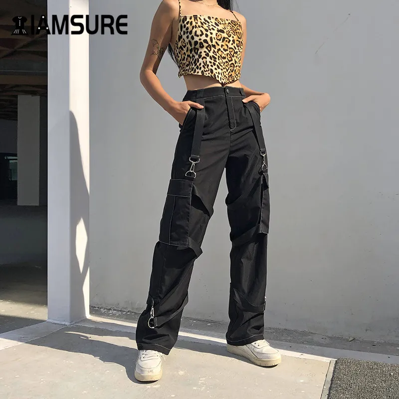 

IAMSURE Big Pocket Cargo Pants For Women Streetwear Fashion High Waisted Female Straight Pants Harajuku Black Cool Trousers