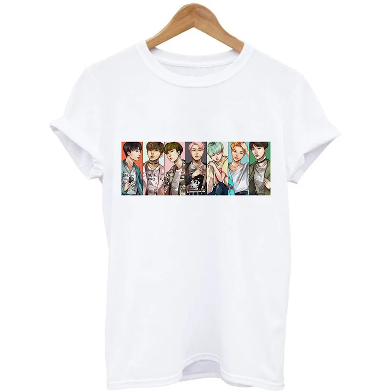 JIN SUGA J HOPE JIMIN V JUNGKOOK футболка Женская корейский стиль Bangtan мальчики мультфильм футболки с изображением женская футболка Ulzzang Harajuku