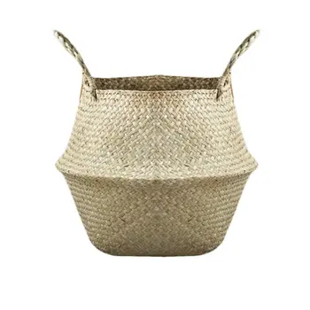 

New Household Foldable Natural Seagrass Woven Storage Pot Garden Flower Vase Hanging Basket With Handle Storage Bellied Basket