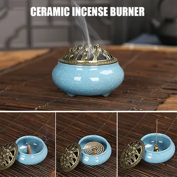 

Porcelain Censer Sleep Aid Antique with Copper Cover Ceramic Buddhist Aromatherapy Diffuser Cone Sandalwood Incense Relax Yoga