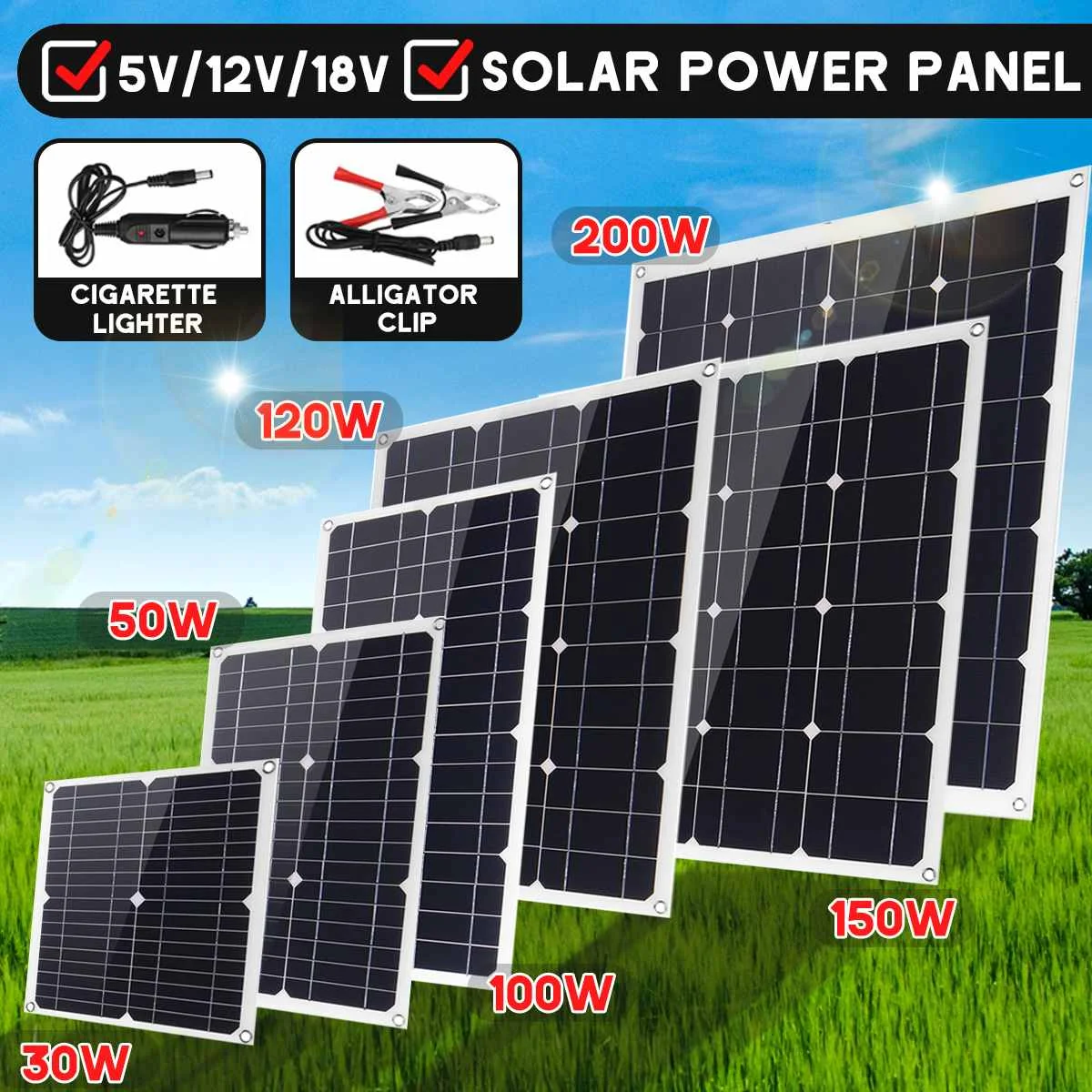

30W/50W/100W/120W/150W/200W Mono Solar Panel 18V DC Dual USB 12V/5V Flexible Solar Charger For Car RV Boat Battery Charge