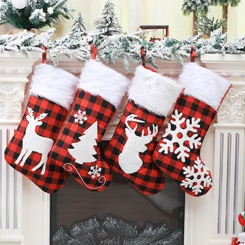 

2020 New White Fur Collar Jacquard Embroidered Plaid Christmas Socks Christmas Tree Decration Stockings & Gift Holders XMAS Gift