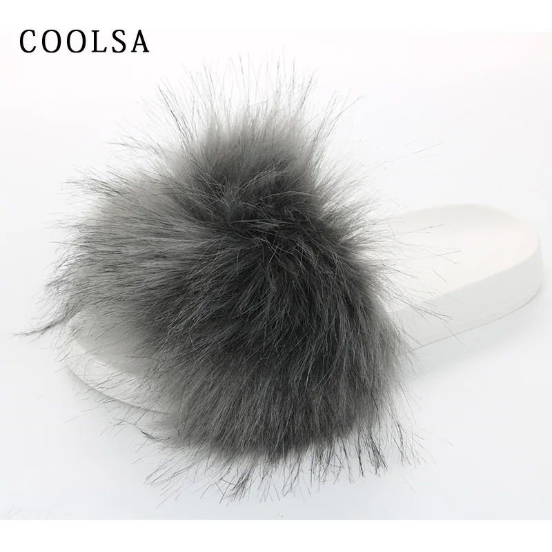 grar fur-white sole Новые женские меховые тапочки; тапочки из искусственного лисьего меха; пушистые женские шлепанцы с мехом енота; зимние теплые домашние тапочки; меховые шлепанцы; плюшевая обувь - Цвет: grar fur-white sole