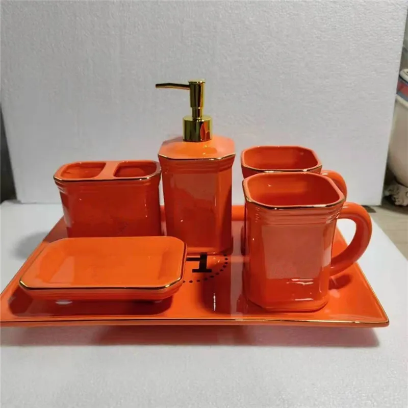 Bathroom Accessories Set Ceramic Liquid Soap Dispenser Toothbrush Rack Gargle Cup Luxury Wedding Gift Birthday Present Orange