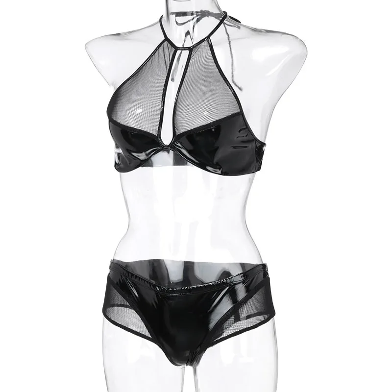 Sexy Lingerie Women Wet Look Leather Mesh Bikini Costume Halter Bra Top with Shorts Knickers Erotic Underwear Set | Тематическая
