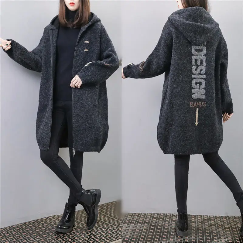 

European Station Winter New Style Quilted Fat Sister Thickened Letter Embroidery Loose and Thin Cardigan Hooded Jacket