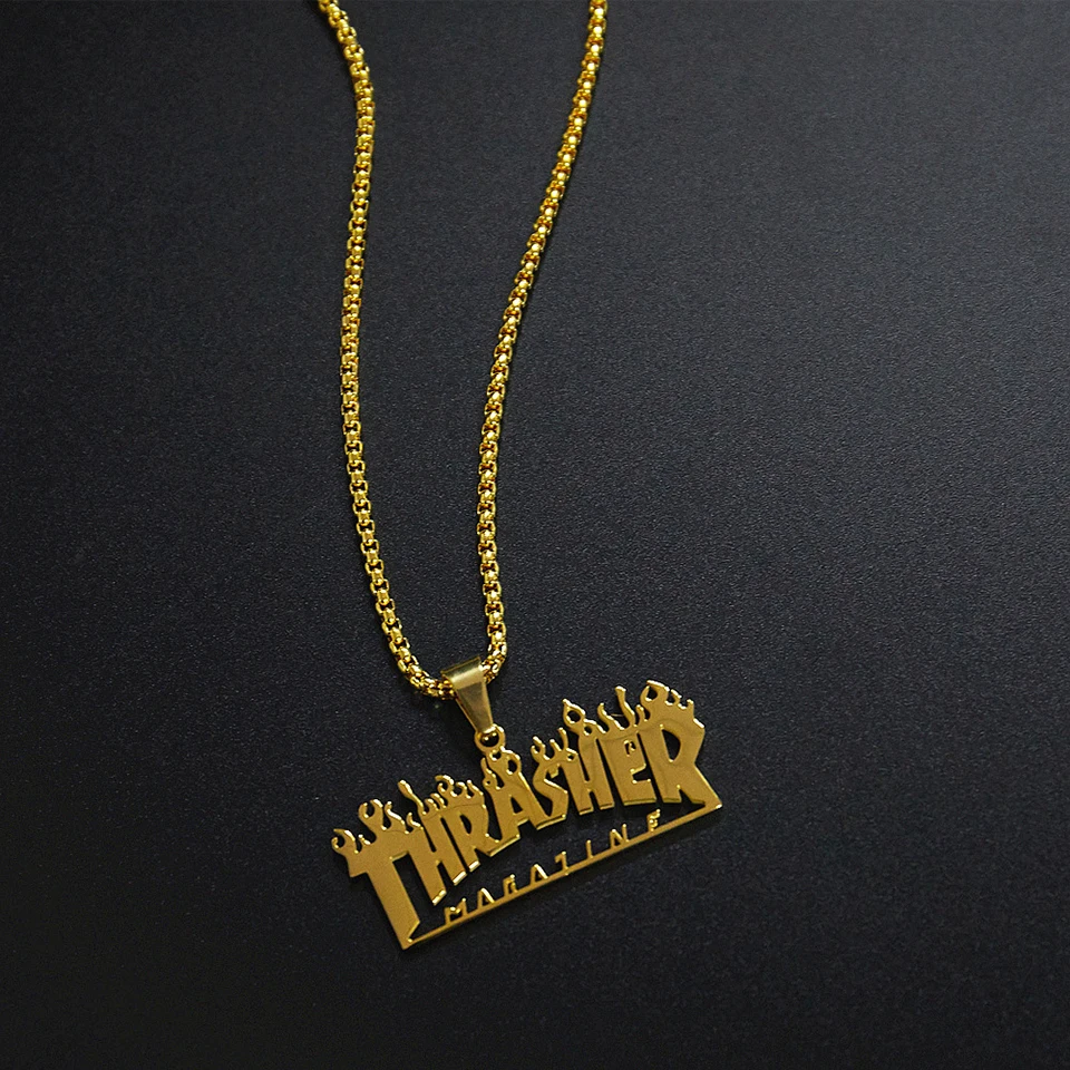 Thrasher Magazine пламя кулон ожерелье мужчины хип-хоп Рок титановая нержавеющая сталь Золотая цепочка ожерелье Модные мужские ювелирные изделия
