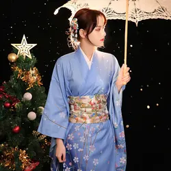 Women's Japanese Traditional Kimono Blue Color Floral Prints Long Sleeve Formal Yukata Dress Cosplay Wear Performing Clothing