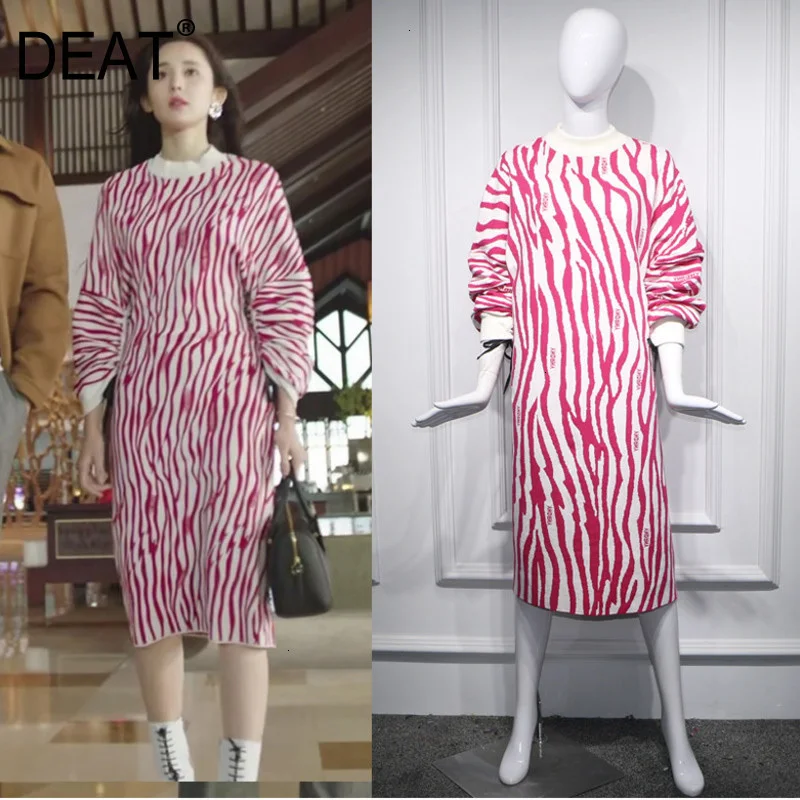 DEAT 2020 Autumn And Winter New Products Fashion Round Neck Red White Texture Slim Long Sweater Dress Female PB037 | Женская одежда