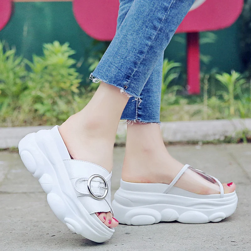 Rimocy Summer Slip on Chunky Platform Sandals Women Pvc Transparent Thick Bottom Beach Slides Woman Metal Buckle Heels Slippers | Обувь