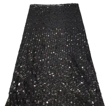 

2020 High Quality African Lace Fabric Black Gold French Net Embroidery Sequins Tulle Lace Fabric For Nigerian Party Dress