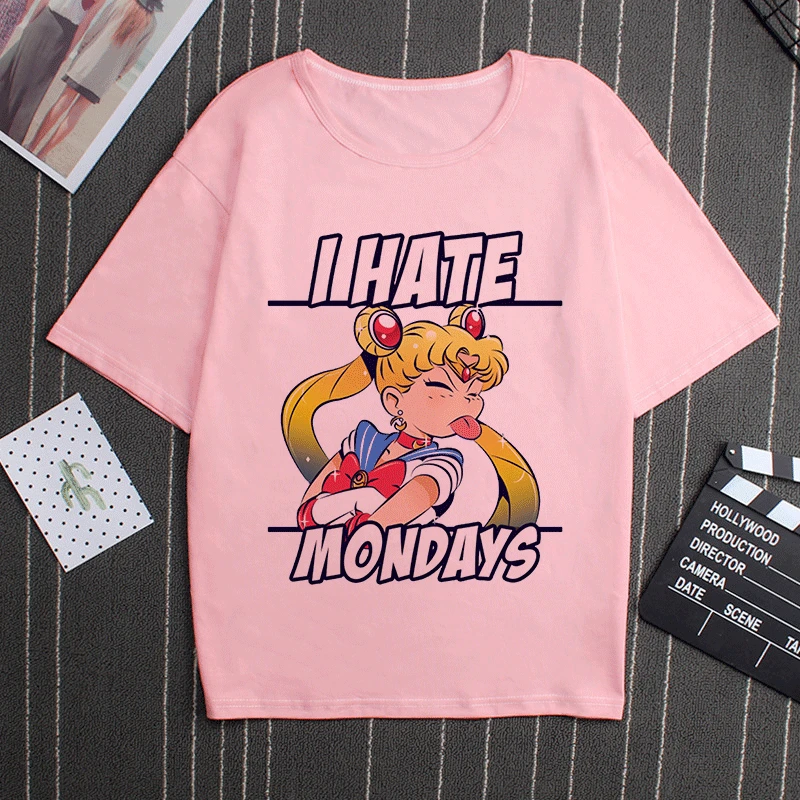 Sailor Moon 90s Funny Pink T Shirt Harajuku Clothes Tshirt Aesthetic Cat Anime Vogue T-shirt Kawaii Graphic Tees Ullzang Women - Цвет: 2865