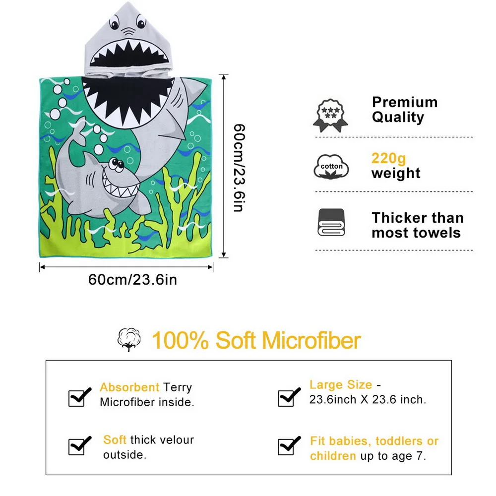 Детское пляжное полотенце, купальное полотенце с рисунком акулы, банное полотенце с капюшоном для маленьких мальчиков и девочек, мягкое одеяло для купания