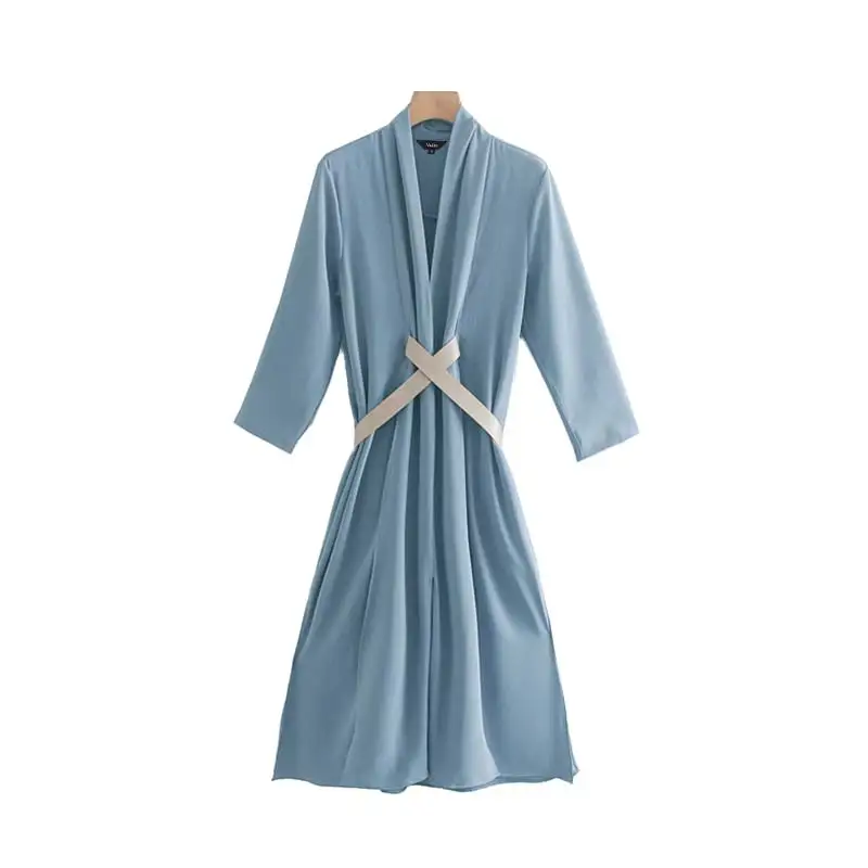 Vadim Женская офисная одежда синее платье миди дизайн пояса v-образный вырез Карманы длинный рукав женские стильные платья однотонные платья QC752 - Цвет: as picture