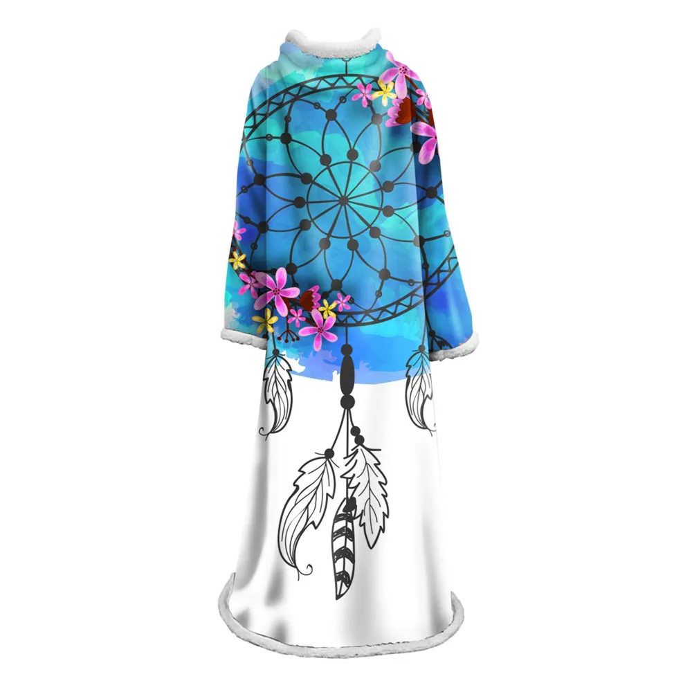 

3d Printing Velvet Plush Throw Sleeve Blanket Watercolor Sherpa Blanket For Couch Dreamcatcher Feathers Printed Soft Throw