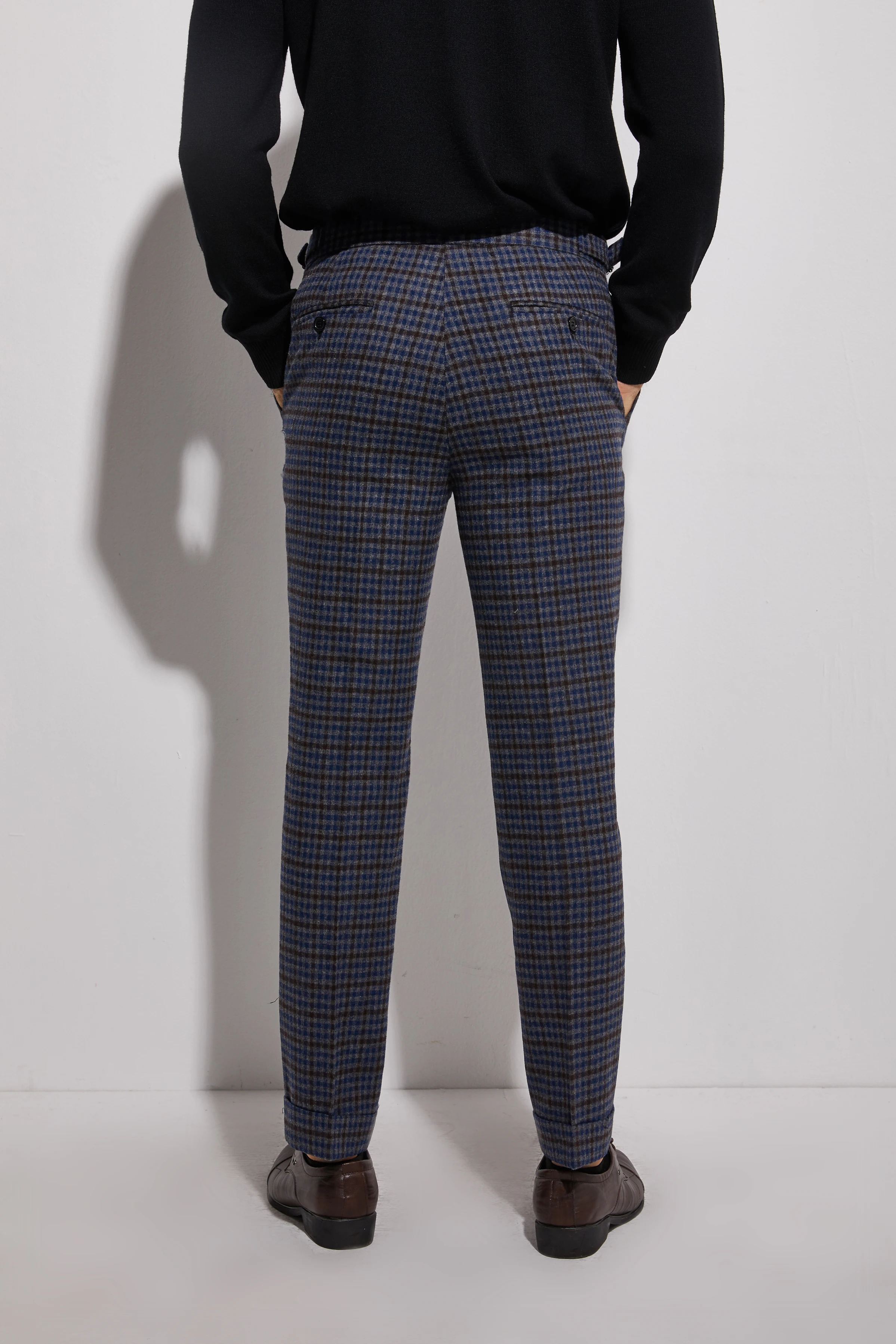 High Quality Flannel Pants With Cuff Dark Blue Plaid Men Slim Fit Business Pants Custom Made Flannel Trousers Side Adjusters