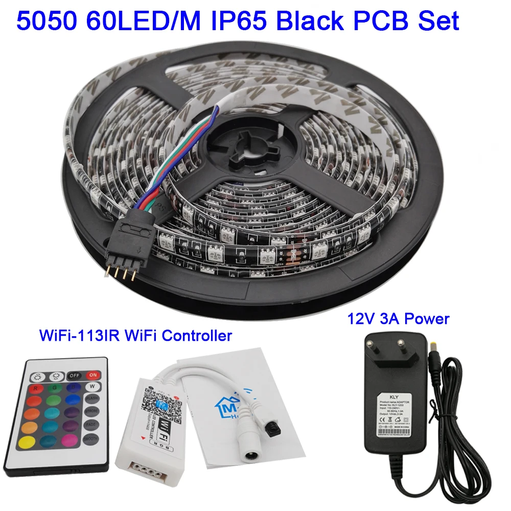 5 м 12 в 5050 набор гибких светодиодных лент RGB лента 60 светодиодный/м+ 24Key ИК пульт дистанционного управления WiFi ler Alexa Google Home Голосовое управление+ питание - Испускаемый цвет: 5m 60LED IP65 Black