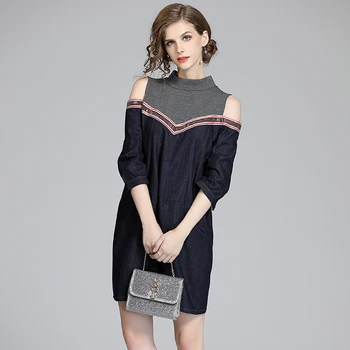 

New Cowboy Joint Versatile Sequin Jeans Dress Vestidos Casual Mujer 2020 Autumn Dark Blue Off Shoulder Sexy Denim Dress K6565